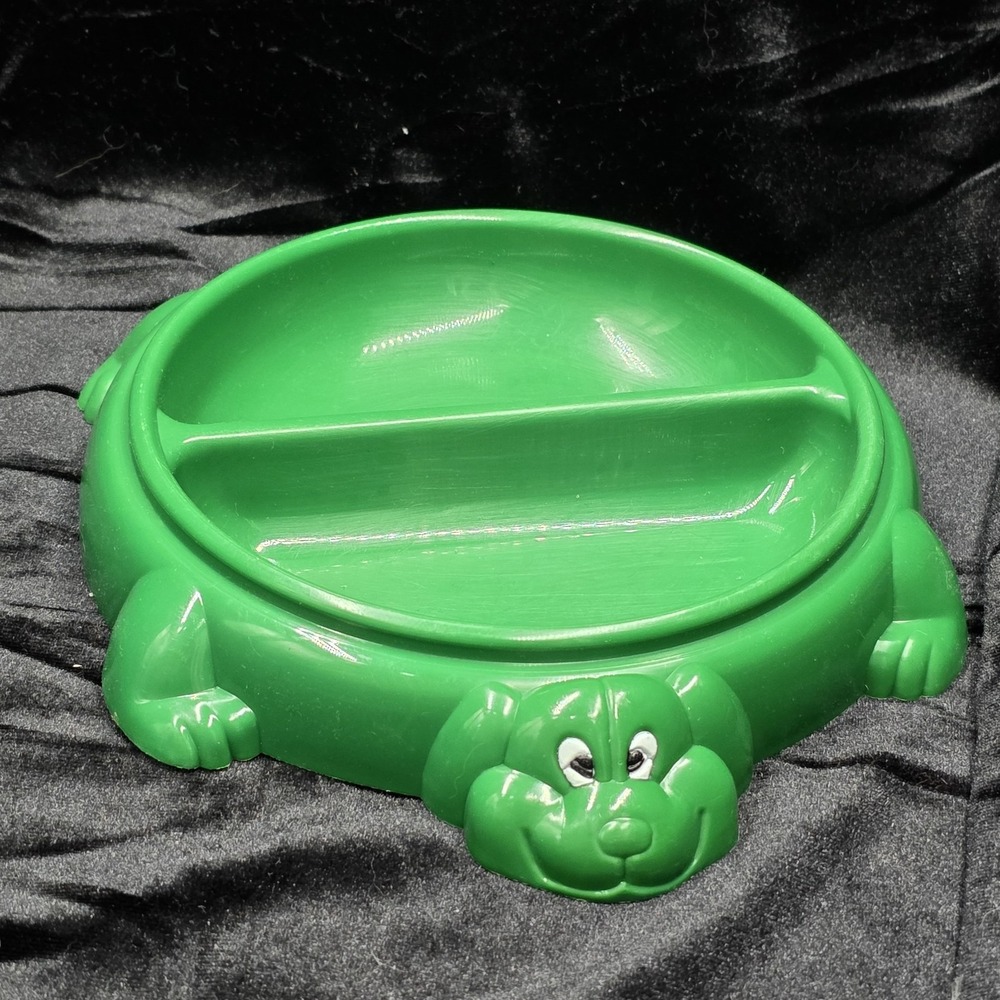 Vintage Toddler Eating Dish Rare Green Dog With 2 Compartments 1995 Plastic 6"‎